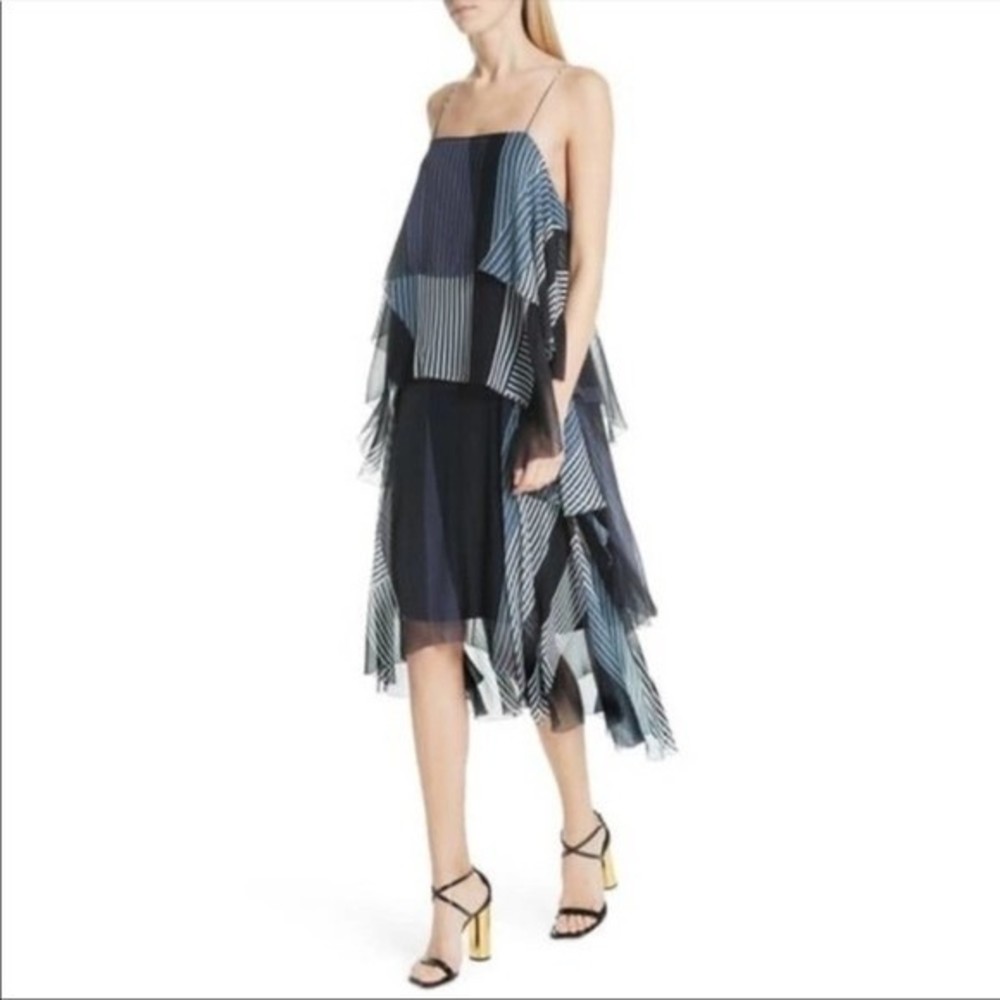Jason Wu Collage Stripe Silk Tiered MIDI Dress Asymmetric Hem Blue NEW NWT Sz 8